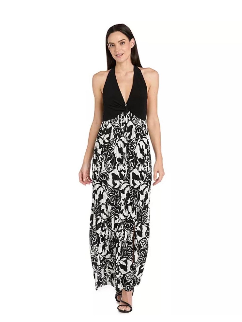 Black & White Backless Halter Floral Maxi Dress